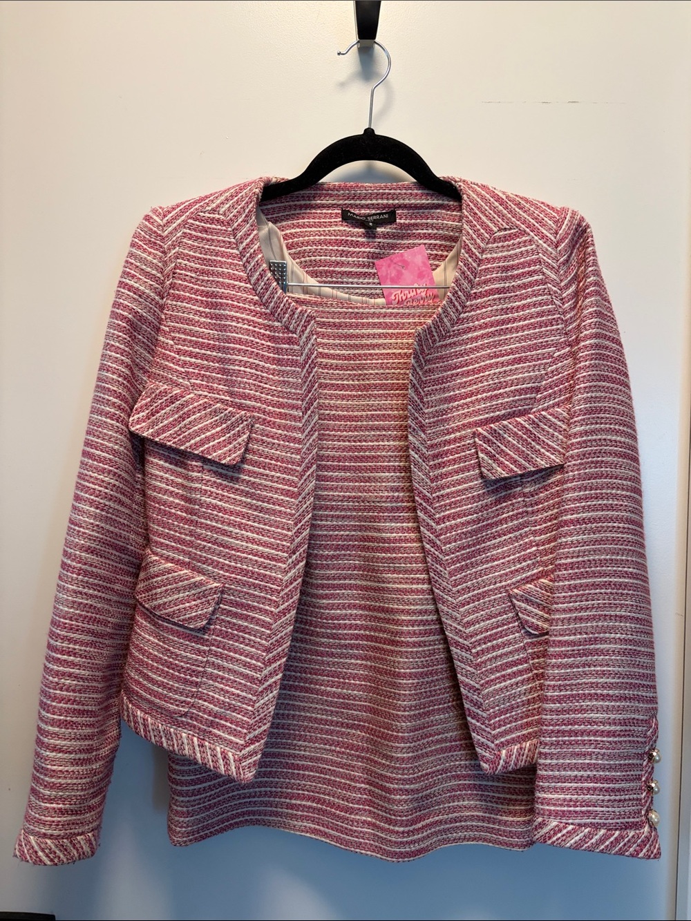 Mario Serrani Pink and White Tweed Collarless Jacket and skirt
